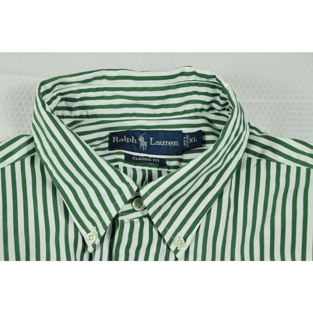 Ralph Lauren Mens XL Classic Fit Green White Striped Button Down Shirt Polo - Picture 2 of 6